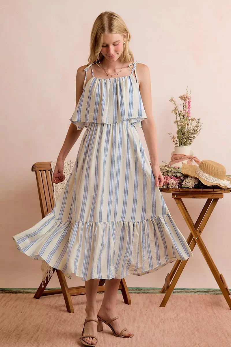 Stripe Tiered Shoulder Tie Midi Lined Dress | Boutique In USA, Dresses, $ 59.00, A Moment Of Now™