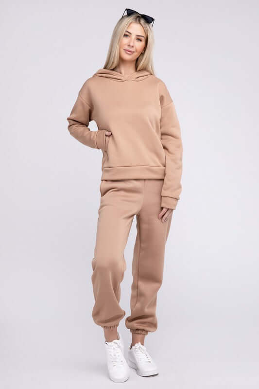Shop Women's Camel Brown Drop Shoulder Hoodie & Pants Set Loungewear, Loungewear, USA Boutique