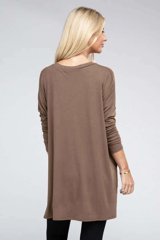 Dolman Long Sleeve V-Neck Side Slit Hi-Low Hem Top, ZENANA, $ 19.00