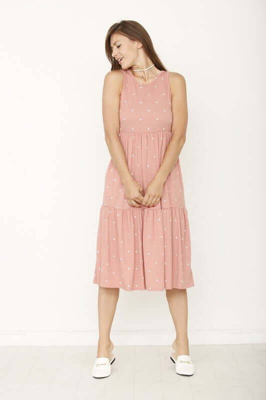 Shop Dusty Pink Polka Dot Tiered Midi Dress | USA Boutique Clothing Shop, Dresses, USA Boutique