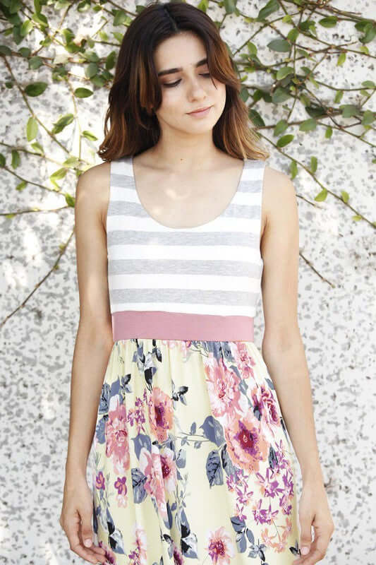 Shop Yellow Floral Grey Stripe Top Maxi Tank Dress | Women's Clothing Shop, Dresses, USA Boutique