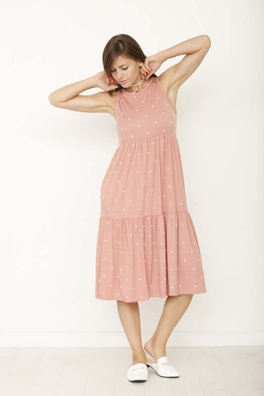 Shop Dusty Pink Polka Dot Tiered Midi Dress | USA Boutique Clothing Shop, Dresses, USA Boutique