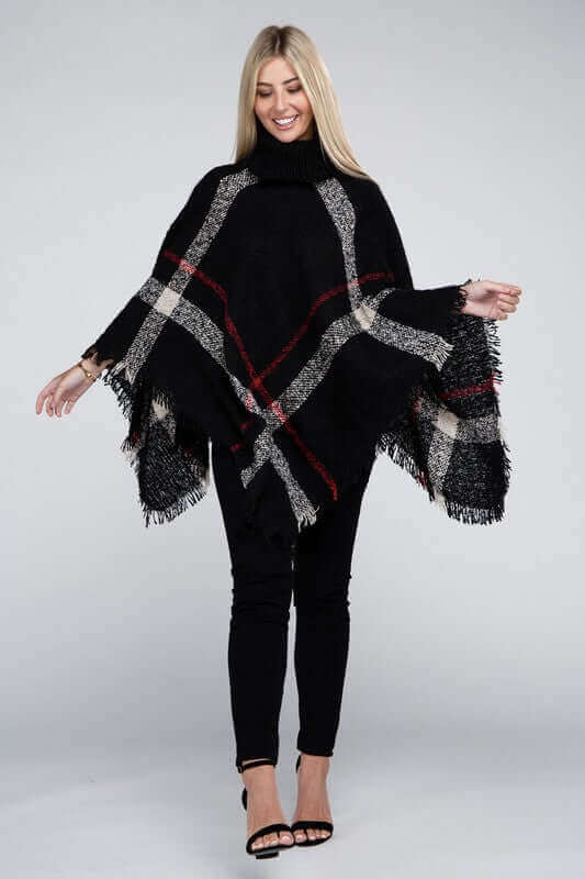 Ivory Black Turtleneck Plaid Knit Pancho, Nuvi Apparel, $ 45.95