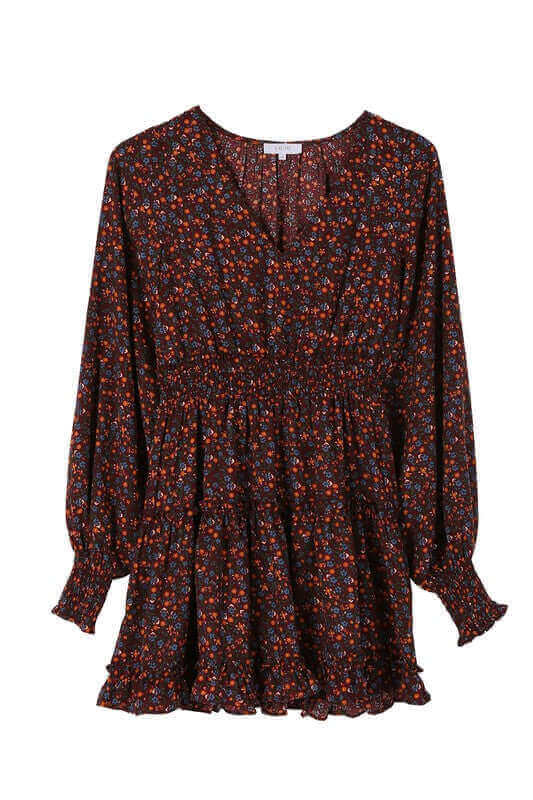 Burgundy Ditsy Floral Long Sleeve Ruffle Tired Mini Dress, Lilou, $ 38.95