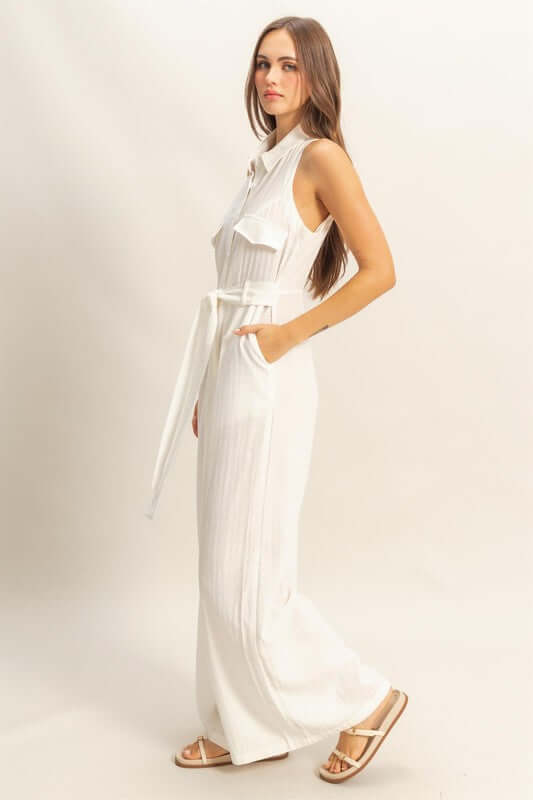 White Sleeveless Tie Waist Wide Leg Jumpsuit | Stylish Fit, Jumpsuits, $ 64.00, A Moment Of Now™