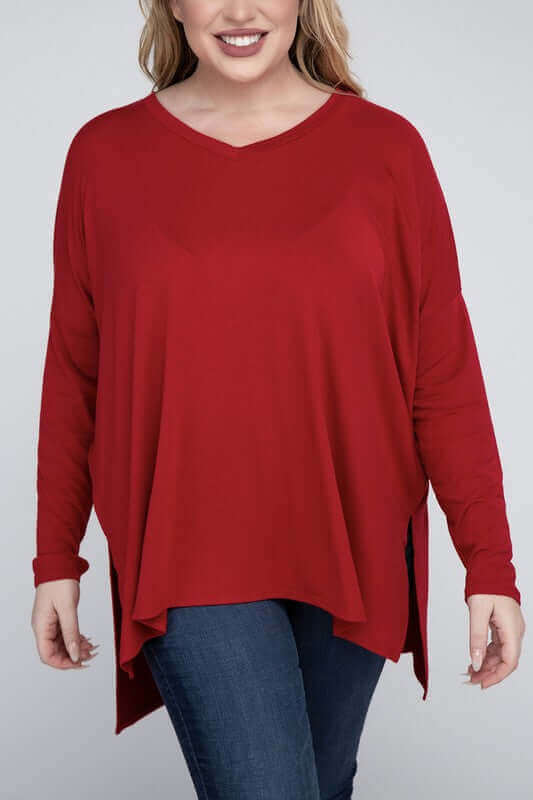 Plus Size Dolman Sleeve V-Neck Side Slit Hi-Low Hem Top, ZENANA, $ 25.00