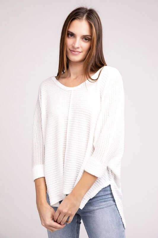 3/4 Sleeve V-Neck Hi-Low Hem Jacquard Sweater, ZENANA, $ 24.95