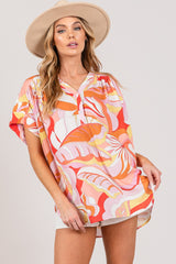 Coral Abstract Print Half Button Blouse