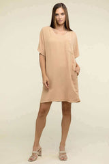 Causal Woven Airflow V Neck T-Shirt Dress with Pockets, ZENANA, A Moment Of Now