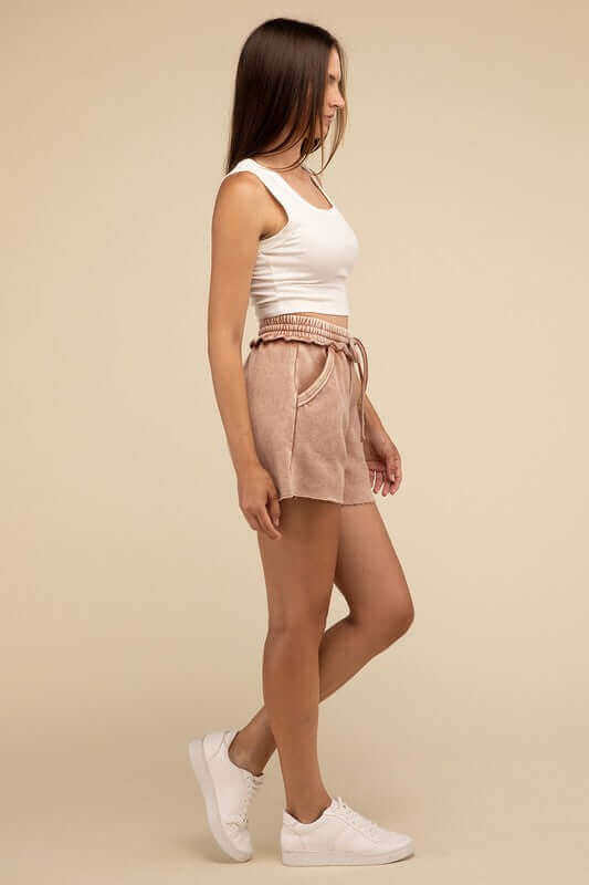 Acid Wash Fleece Drawstring Shorts with Pockets, ZENANA, $ 32.95