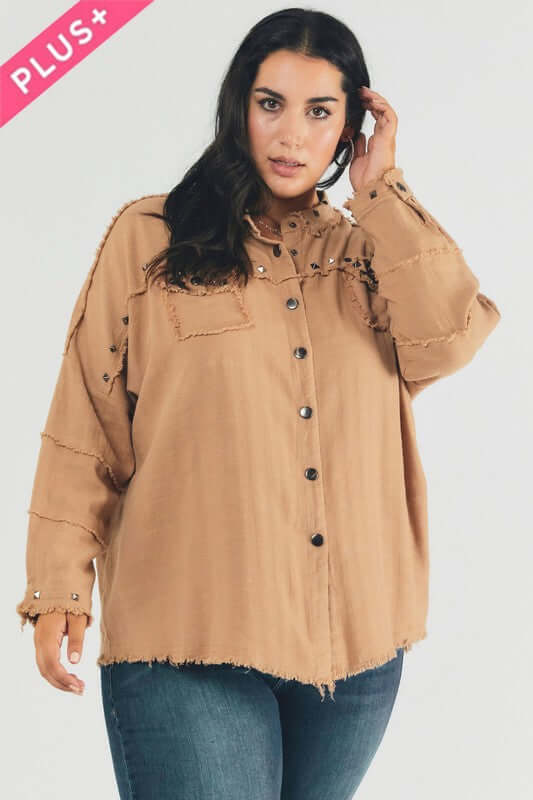 Plus Distressed hem button down oversize shirt, Davi & Dani, $ 69.00