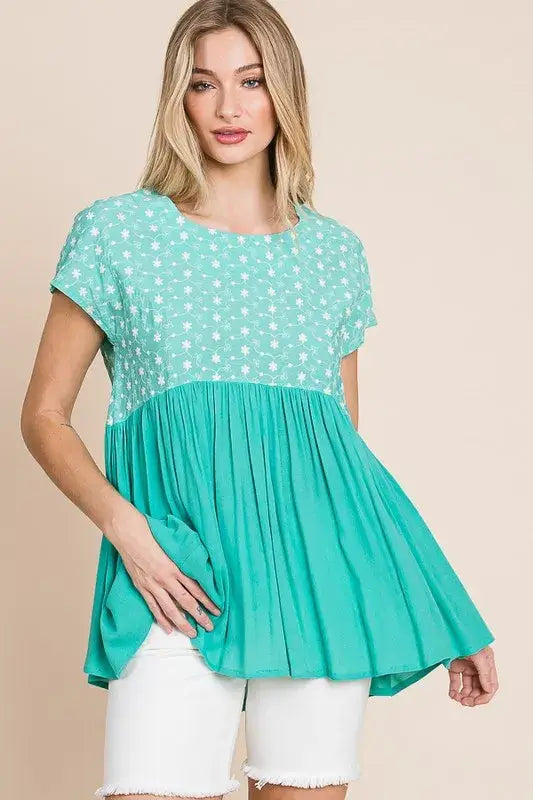 Mint Embroidered Short Sleeve Pleated Babydoll Top Plus Size, Tops, $ 25.00, A Moment Of Now™