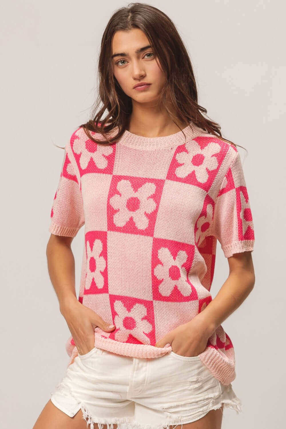 Pink Flower Checker Pattern Short Sleeve Sweater - Chic Style, Sweaters, $ 45.00, A Moment Of Now™