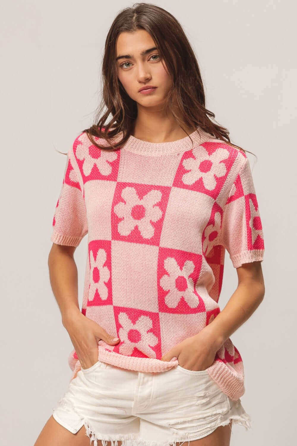 Pink Flower Checker Pattern Short Sleeve Sweater, BiBi, $ 45.00