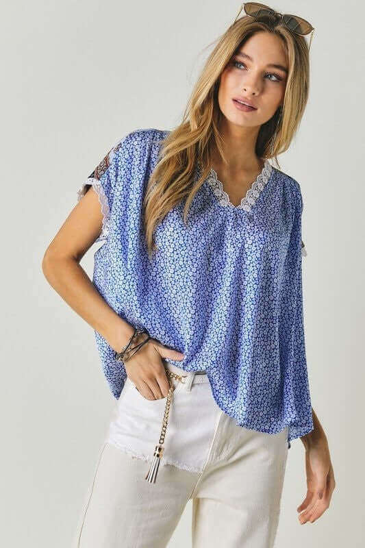 Printed Lace V-Neck Short Sleeve Loose Top, Davi & Dani, $ 49.00