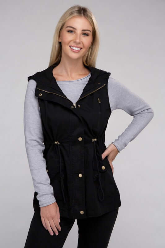 Drawstring Waist Military Hoodie Vest Jacket