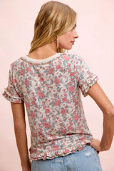 Rose Printed Slub Knit Ruffled Sleeves Top | Boutique In USA, Blouses, $ 39.00, A Moment Of Now™