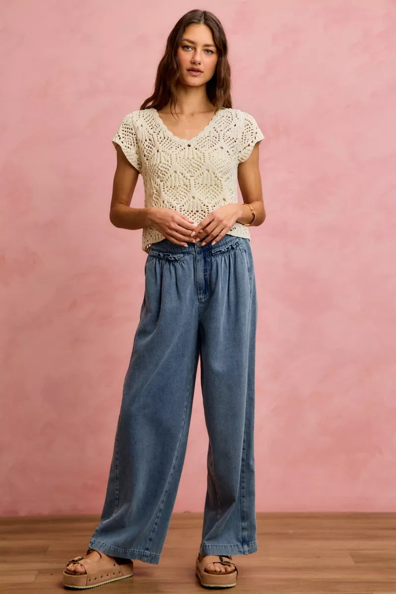 Mid Rise Ruffled Front Elastic Wide Leg Jeans | Boutique In USA, Jeans, $ 59.00, A Moment Of Now™