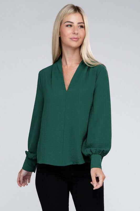 Woven Airflow V-Neck Long Sleeve Top, ZENANA, $ 26.95