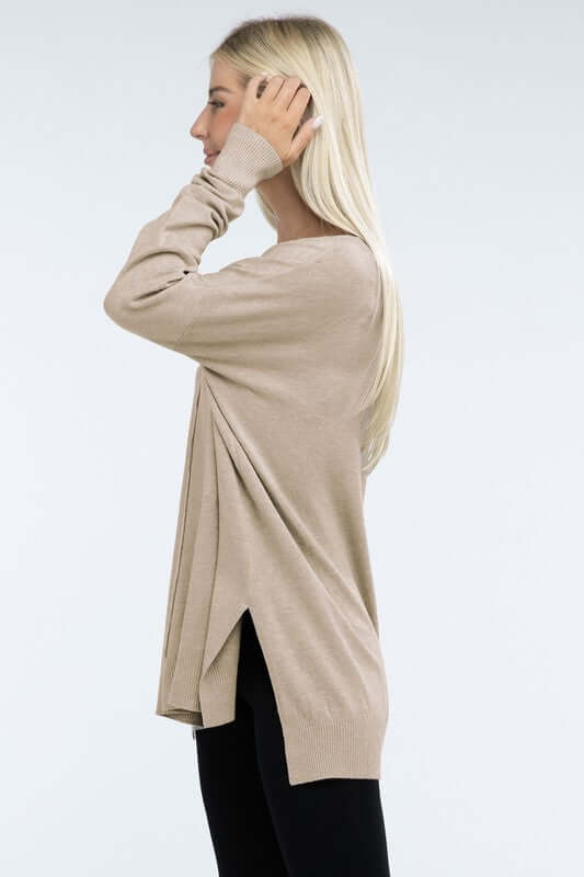 Women's Hi-Low Hem V Neck Front Seam Sweater | USA Boutique, ZENANA, $ 55.00