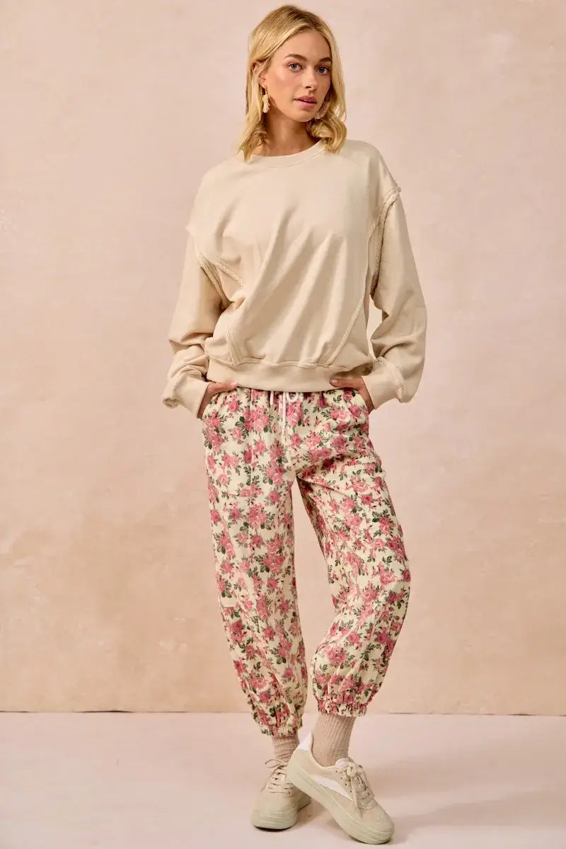 Cream Pink Floral Printed Twill Drawstring Pants | Online Boutique USA, Pants, $ 57.00, A Moment Of Now™