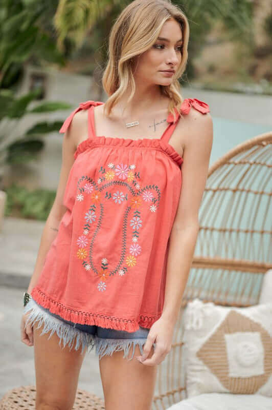 Embroidered Sleeveless Ruffle Tank Top, Davi & Dani, $ 53.95