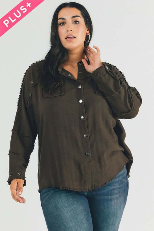 Plus Distressed hem button down oversize shirt, Davi & Dani, $ 69.00