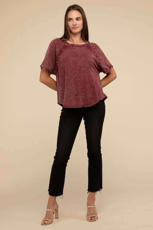 Back Patch Crinkle Washed Raglan Sleeve T-Shirt, ZENANA, $ 27.95