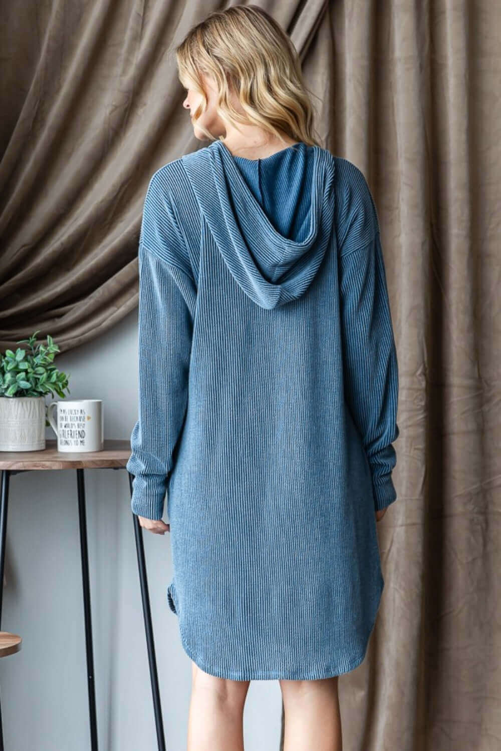 Dark Blue Ribbed Long Sleeve Hooded Dress - Chic Comfort, Dresses, $ 39.00, A Moment Of Now™