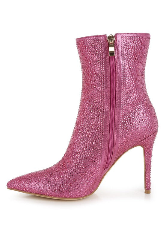 Pink Anun Rhinestones Embellished High Ankle Boots