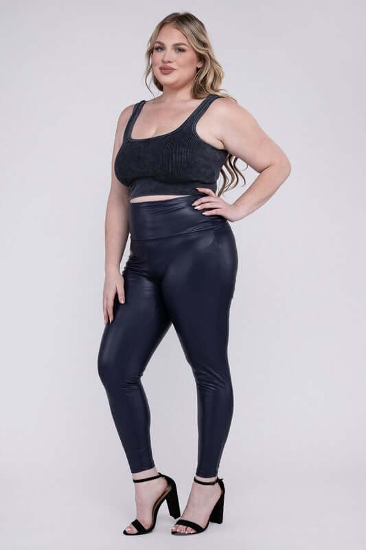 Women's Black Plus Size High Rise Faux Leather Leggings Pants, ZENANA, $ 41.95