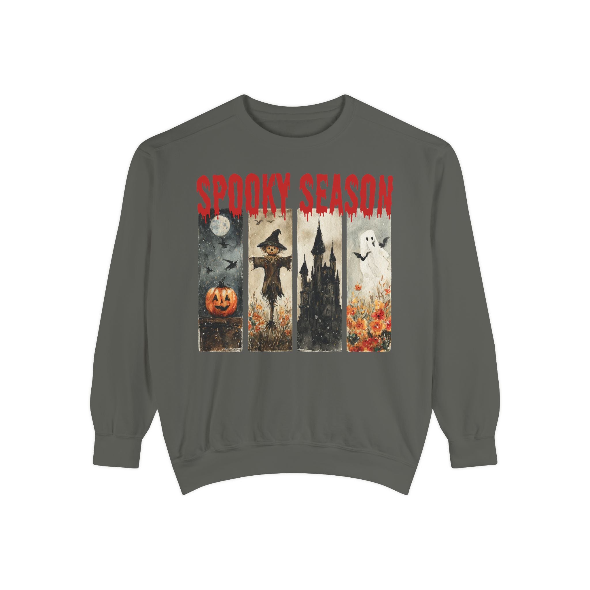 Spooky Season Halloween sweatshirt with vintage pumpkin, witch and ghost graphic — product mockup