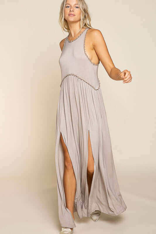 Stone Washed Sleeveless Side Slit Cut Out Maxi Dress, POL, $ 63.95