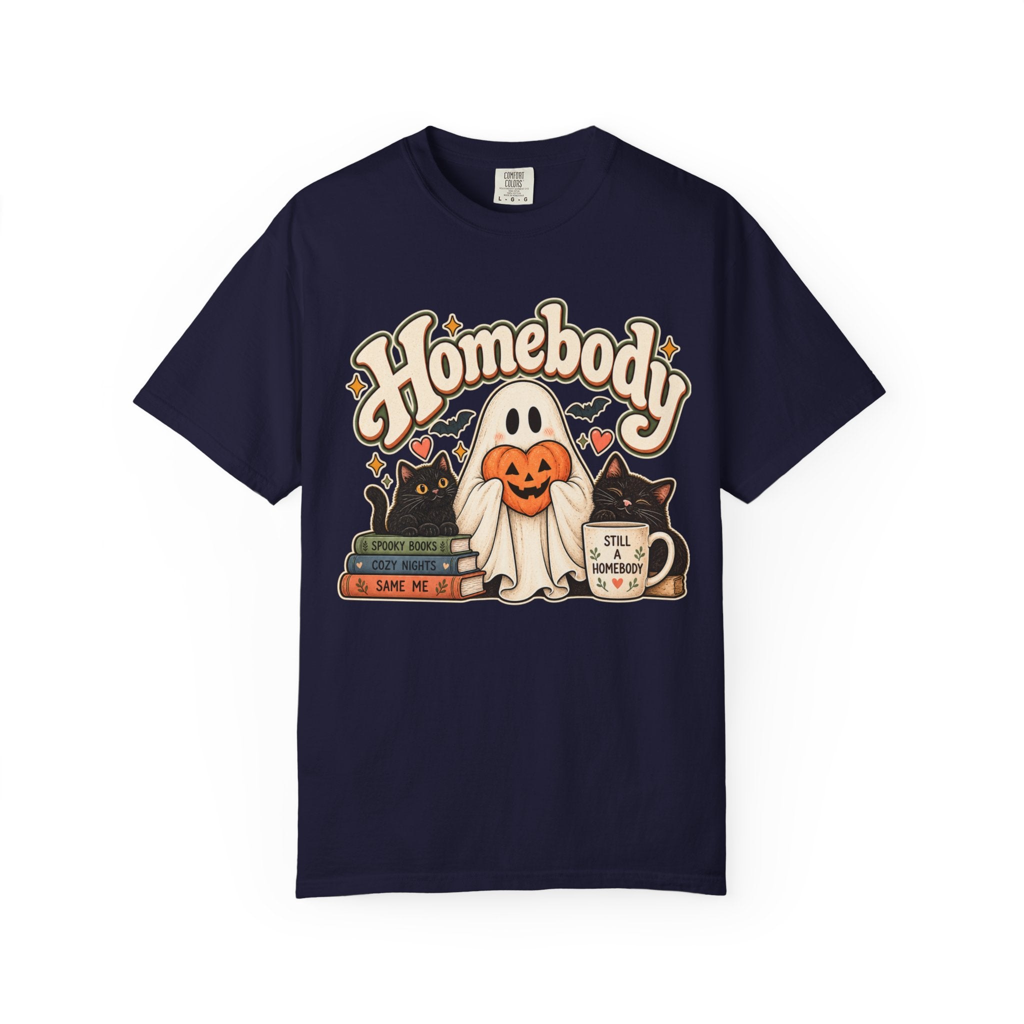 Homebody Halloween T-Shirt — Ghost, Cats & Pumpkin Comfort Colors® Tee