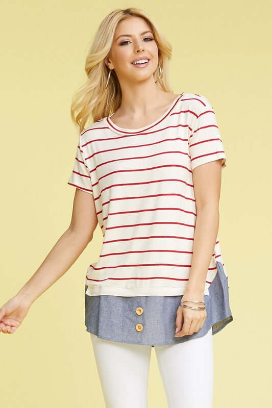 Shop Women's Plus Size Button Stripe Chambray Layered Tunic Top , Tunics, USA Boutique