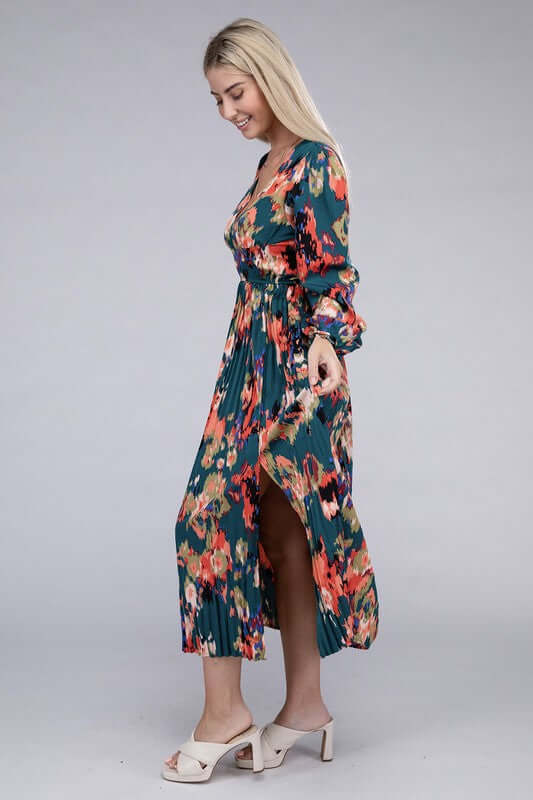 Green Floral Satin Pleated Maxi Dress, Nuvi Apparel, A Moment Of Now