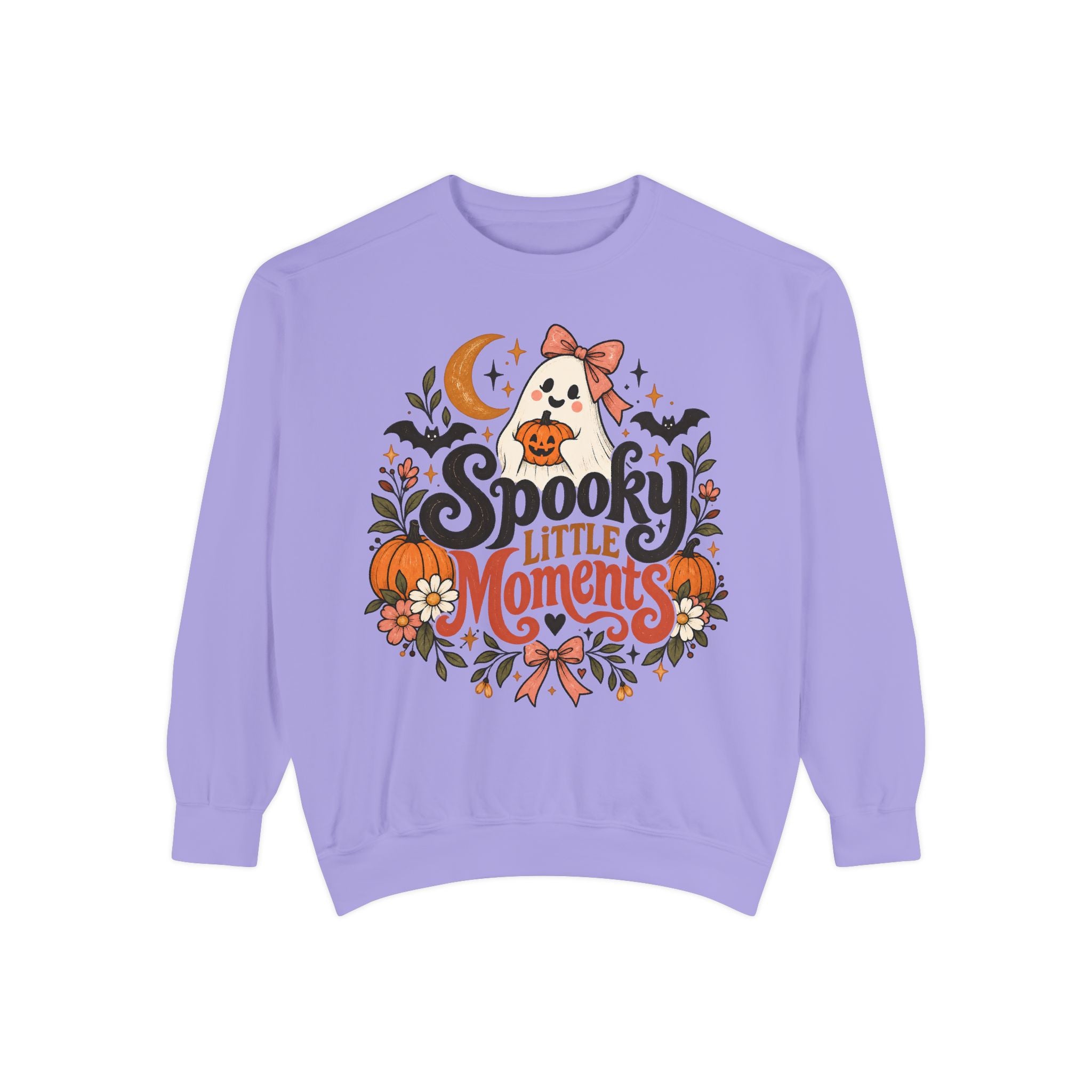 Halloween crewneck sweatshirt with pumpkins florals bats and bow graphic