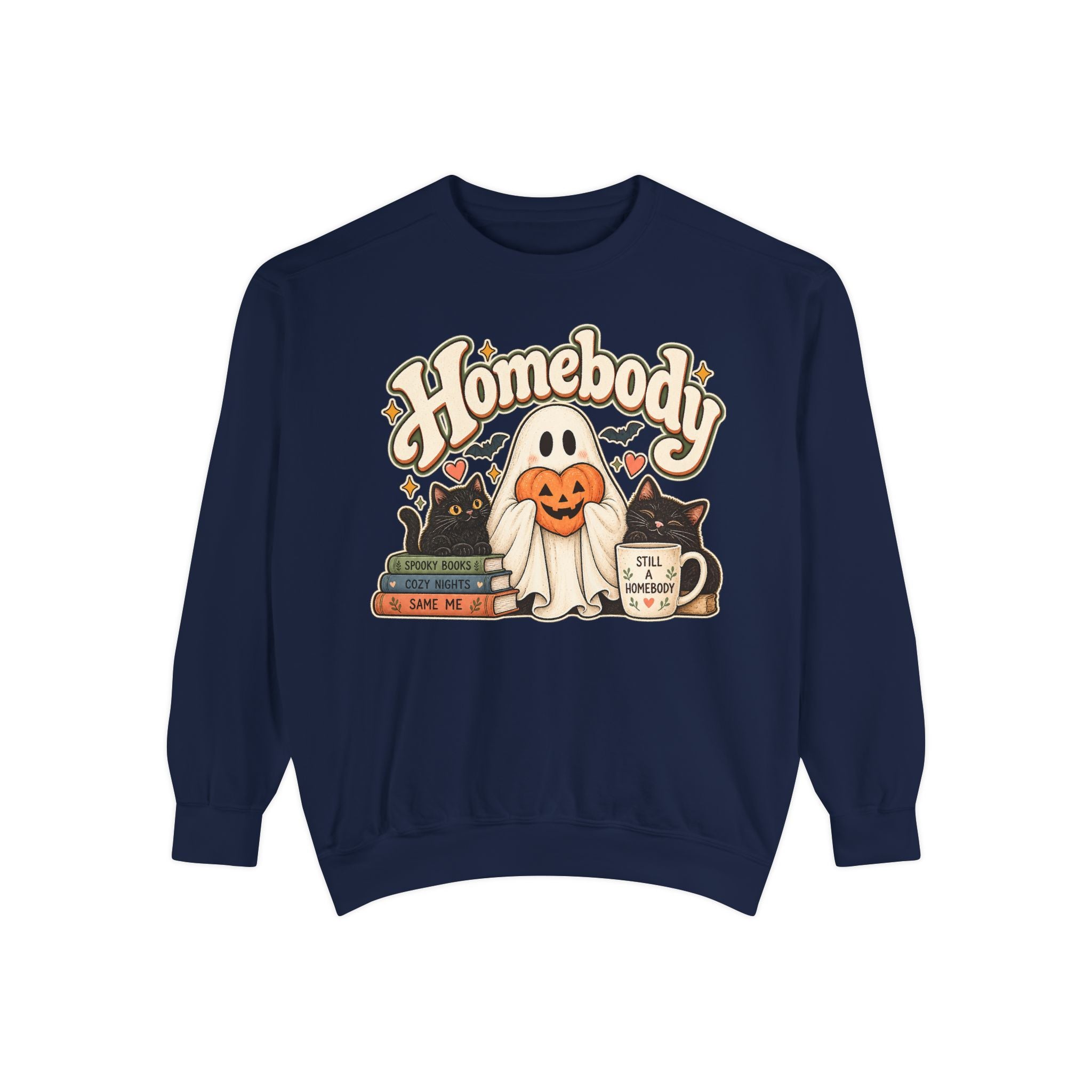 Homebody Sweatshirt — Cozy Halloween Ghost, Books & Pumpkin Mug Graphic - sweatshirt product image 15