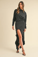 Black Backless Asymmetric Ruffle Hem Dress