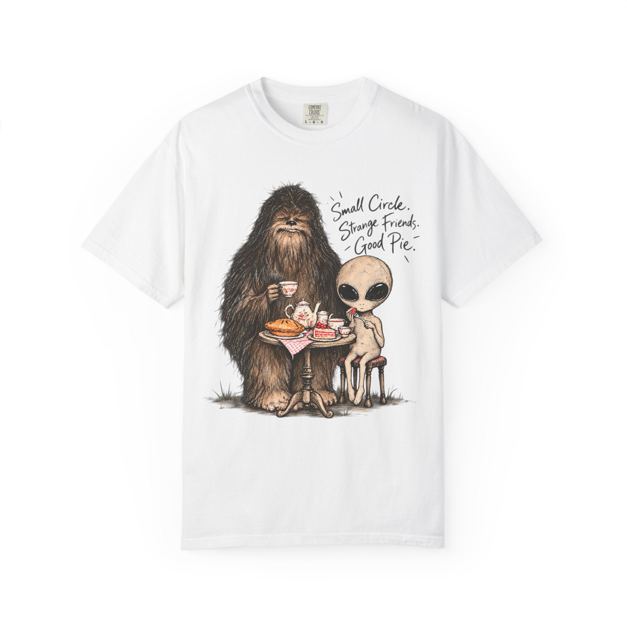 Bigfoot & Alien Tea Party T-Shirt | Small Circle, Strange Friends, Good Pie