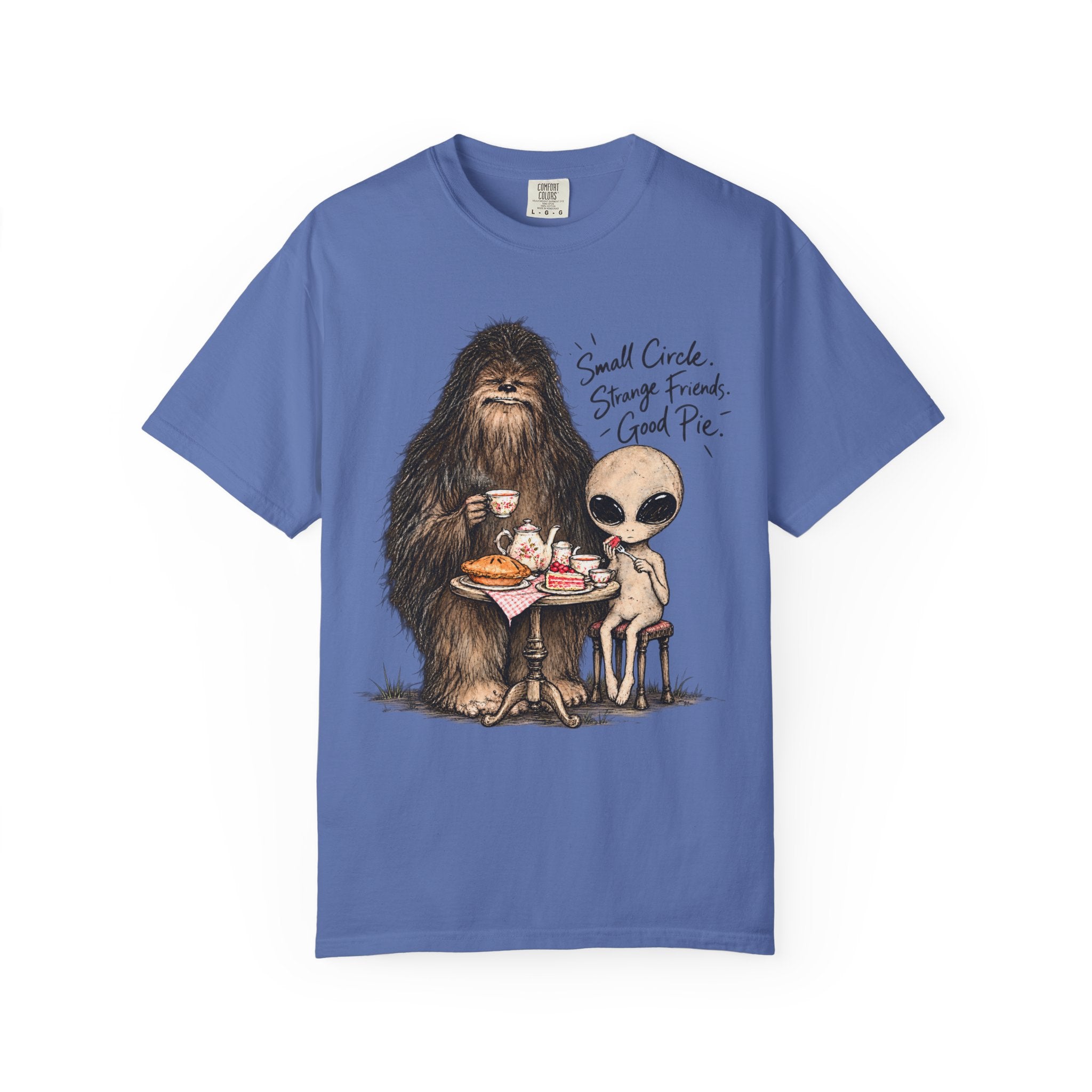Bigfoot & Alien Tea Party T-Shirt | Small Circle, Strange Friends, Good Pie