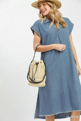 Umgee Pinstripe Denim Collared Midi Dress with Side Slits | Boutique In USA, Dresses, $ 69.00, A Moment Of Now™