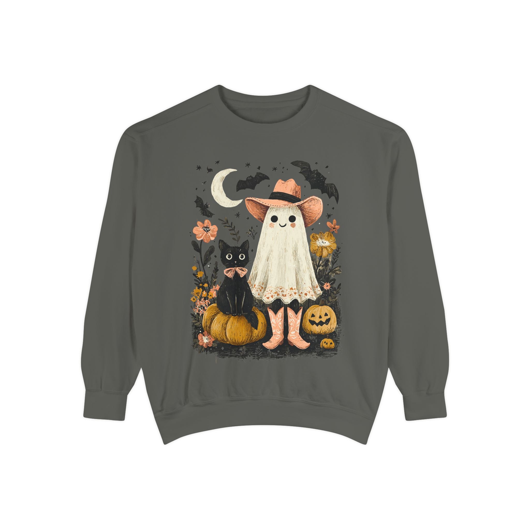 Halloween Ghost Costume Sweatshirt — Cute Ghost, Black Cat & Pumpkins Fall Pullover - sweatshirt product image 4
