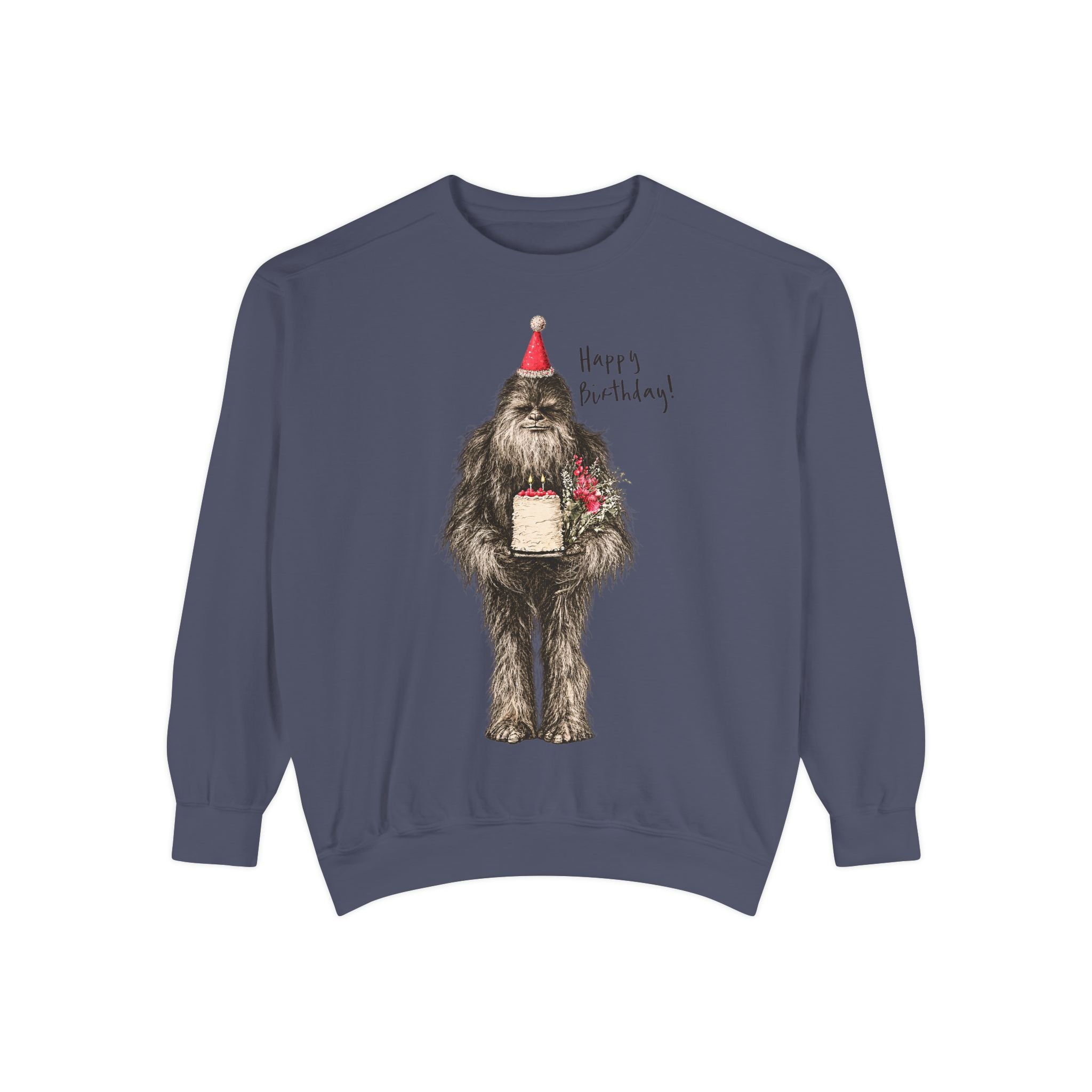 Birthday Bigfoot Sweatshirt — Funny Sasquatch with Cake