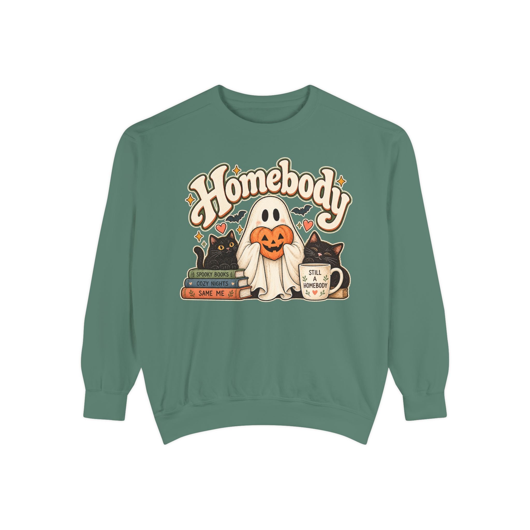 Homebody Sweatshirt — Cozy Halloween Ghost, Books & Pumpkin Mug Graphic - sweatshirt product image 7
