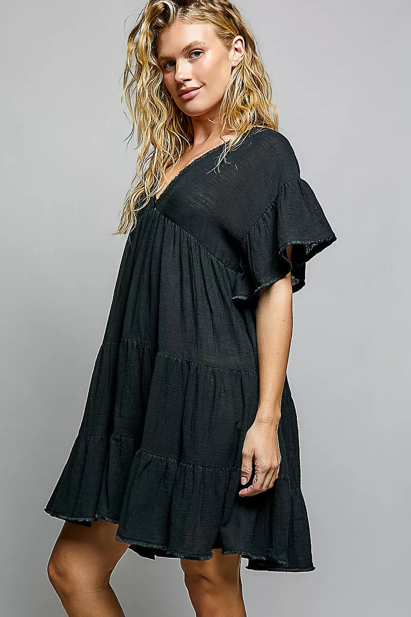 Ruffle Shirred V-Neck Short Sleeve Cotton Dress | Boutique In USA, Dresses, $ 57.00, A Moment Of Now™