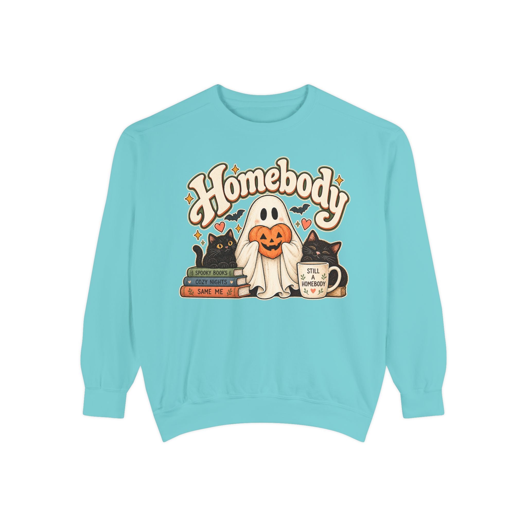 Homebody Sweatshirt — Cozy Halloween Ghost, Books & Pumpkin Mug Graphic - sweatshirt product image 6