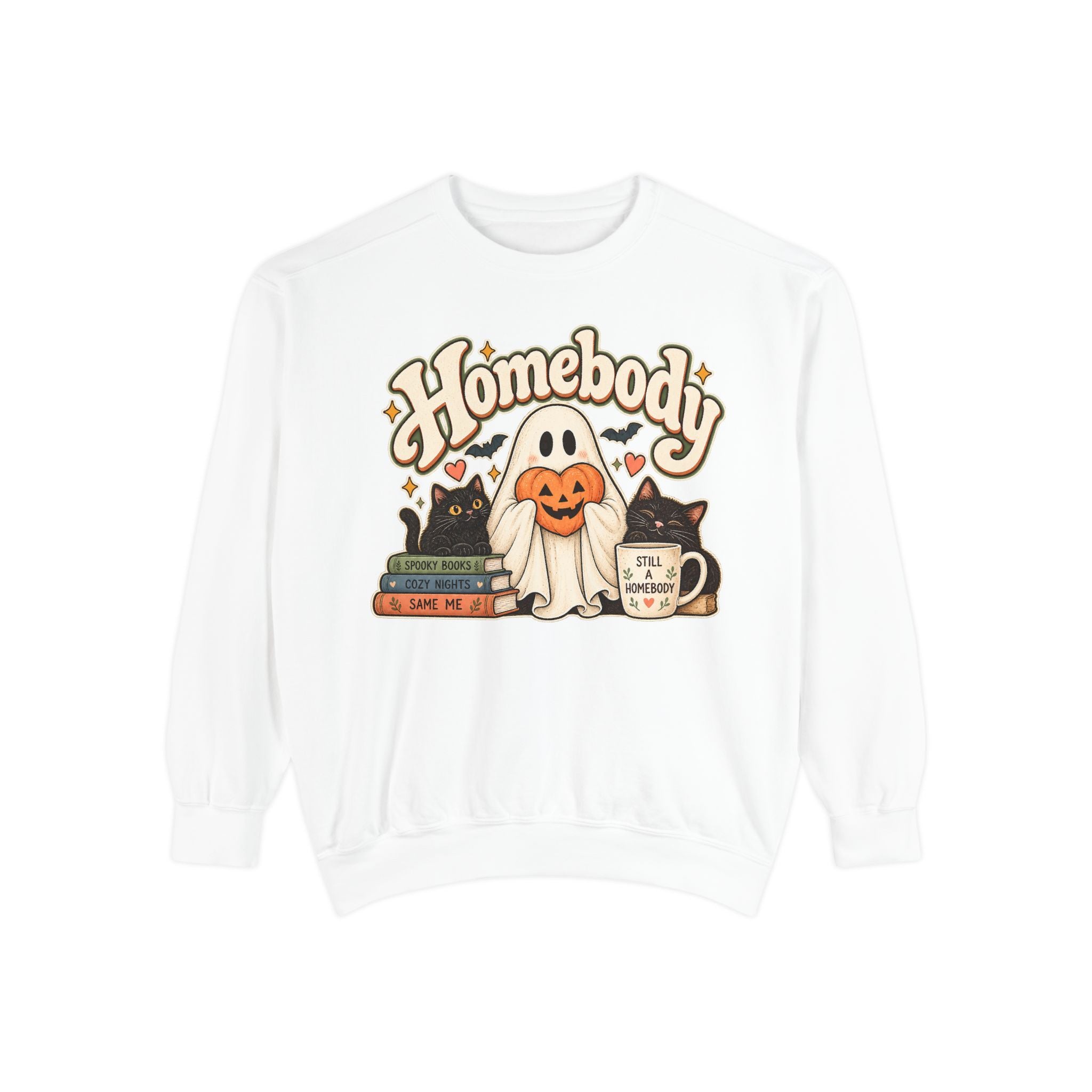 Homebody Sweatshirt — Cozy Halloween Ghost, Books & Pumpkin Mug Graphic - sweatshirt product image 1