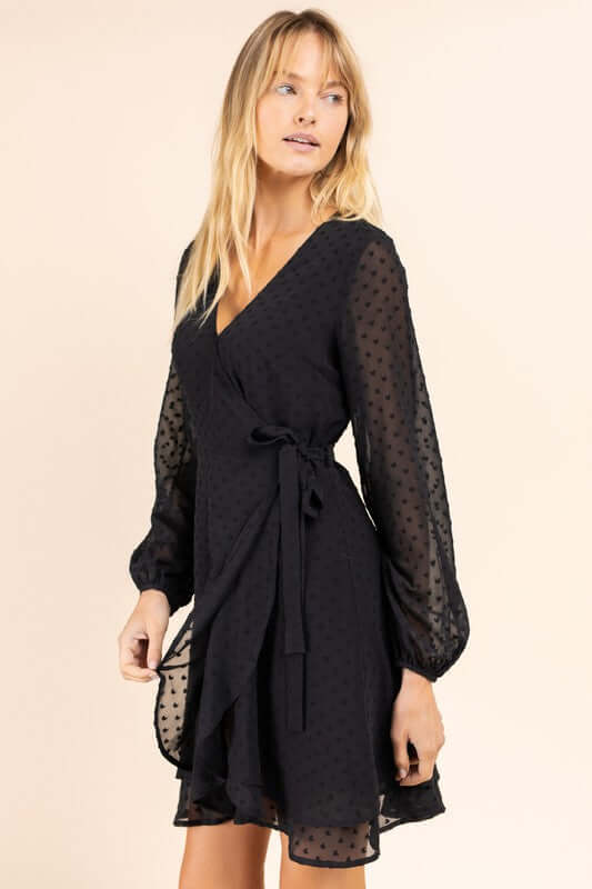 Black Long Sleeve Double Layer Wrap Dress