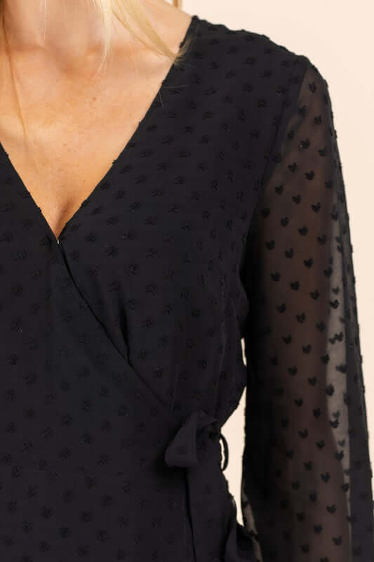 Black Long Sleeve Double Layer Wrap Dress